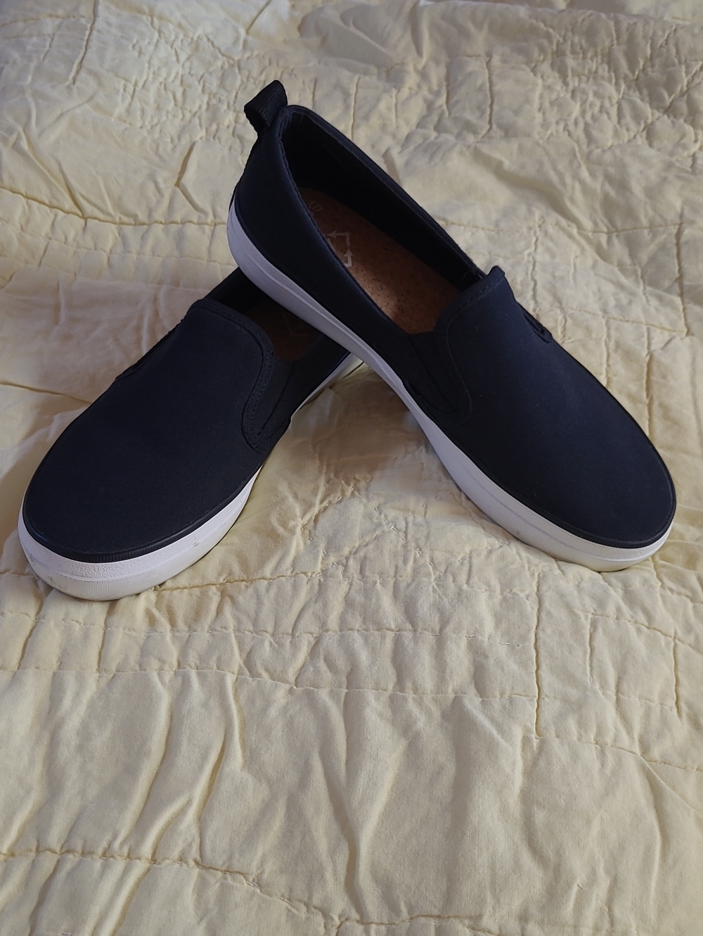 Sperry Black Canvas Slip-On Loafers with White Sole